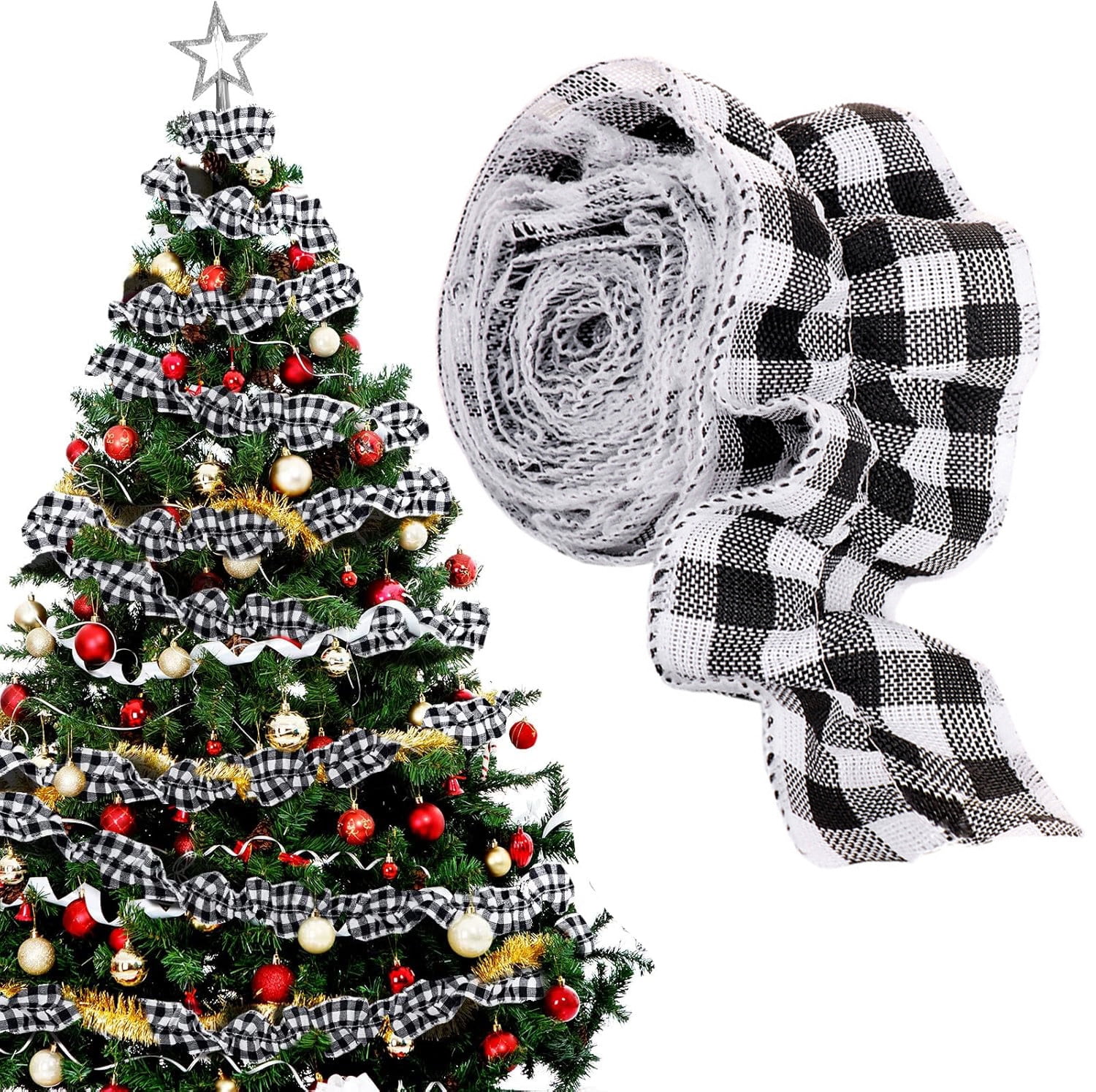 Plaid Christmas Tree Garland,Bexikou Rustic Christmas Tree Ribbon Burlap Garland for Christmas Crafts Decoration, 27 Feet