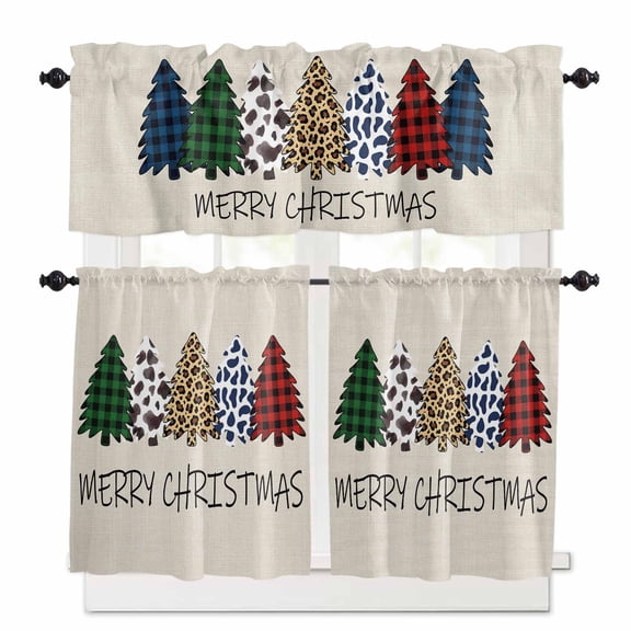 Plaid Christmas Tree Kitchen Curtains and Valances Set, Cow Leopard Check Xmas Tree Retro Linen Rod Pocket Window Valance Window Curtain Panels for Living Room Bedroom Laundry, 27.5x36in, 3 Pieces