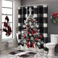 Plaid Christmas Tree Shower Curtain Set with Snowflakes Red Bow