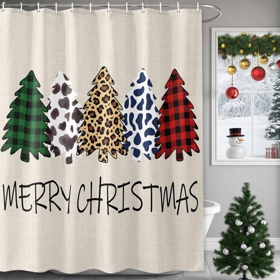 Plaid Christmas Tree Shower Curtains for Bathroom, Cow Leopard Check Xmas Tree Retro Linen Waterproof Fabric Shower Curtain for Bathroom Bathtub Decoration, Machine Washable, 72"x84"