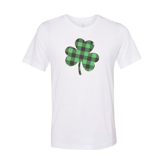 Plaid Clover, Clover Shirt, St. Patrick's Day Shirt, Distressed Clover, Green Shirt, Unisex Fit, Sublimated Design, Buffalo Plaid Clover, White, LARGE