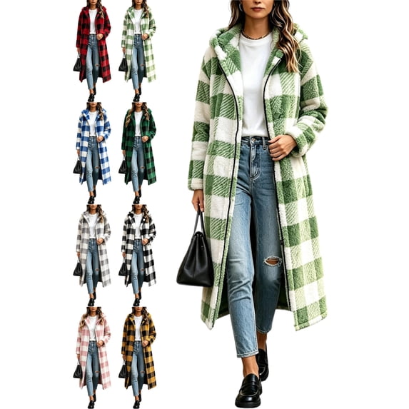 Plaid Coats for Women Casual Hooded Long Oversized Loose Fit Fuzzy Warm Outerwear