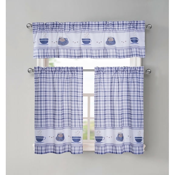 Plaid Coffee Time 3 Pc Cafe Kitchen Curtain Tier & Valance Set - Gray/Blue