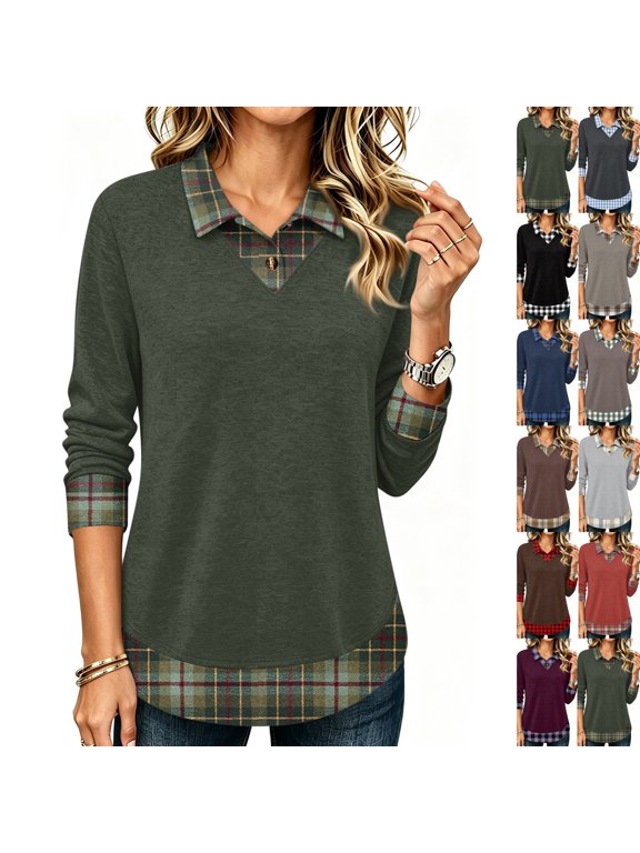 Plaid Collar Layered Long Sleeve Polo Tunic for Women, Fake Two-Piece Casual Fall Top for Work Office Daily Wear,XXL,Army Green