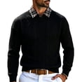thumbnail image 1 of Plaid Collar Textured Jacquard Knit Polo Shirt for Men, V Neck Long Sleeve Buttonless Vintage Casual Sweater Black, 1 of 9