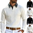 thumbnail image 1 of Plaid Collar Textured Jacquard Knit Polo Shirt for Men, V Neck Long Sleeve Buttonless Vintage Casual Sweater White, 1 of 9