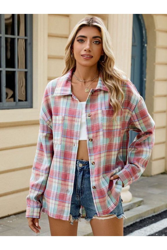 Plaid Collared Neck Long Sleeve Shirt