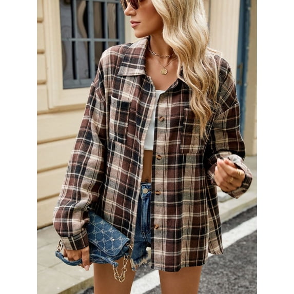 Plaid Collared Neck Long Sleeve Shirt