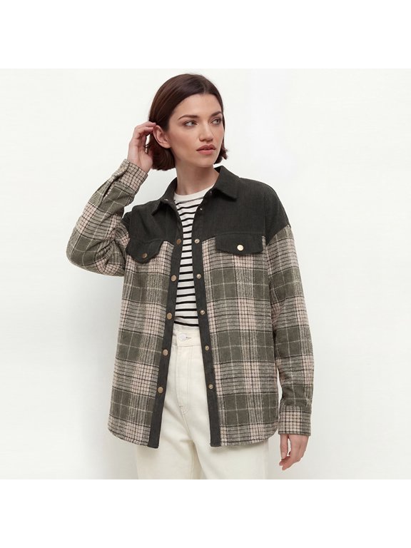 Plaid Color Block Corduroy Coat, Long Sleeve Button Jacket for Daily Party Dating