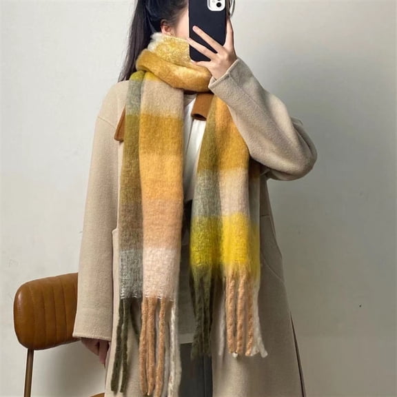 Plaid Color Block Scarf for Women Nordic Autumn Winter Soft Warm Loop Yarn Color Block Plaid Scarf