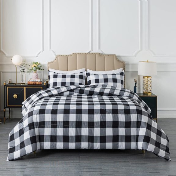 Plaid Comforter Set - Black White Buffalo Checkered Comforter Bedding Set for Seasons, Classic Gingham Soft Microfiber Comforter with Pillowsham
