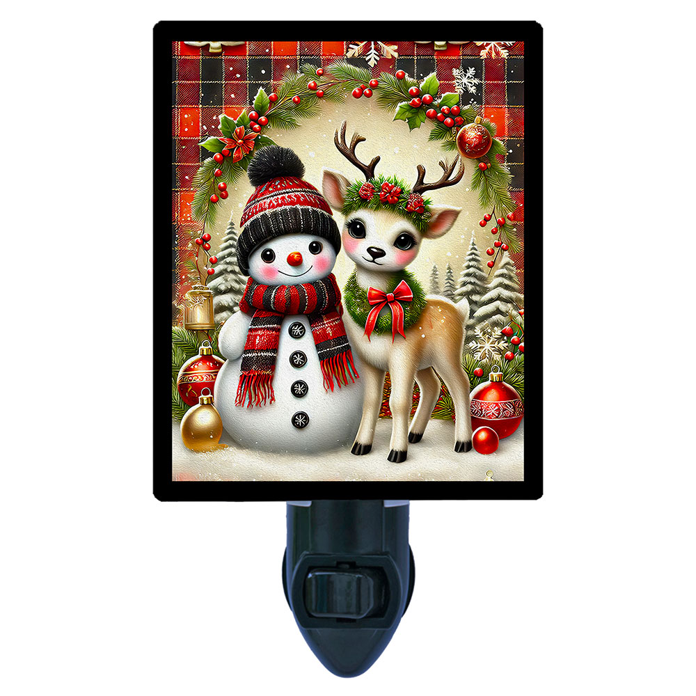 Plaid Companions Night Light – Snowman & Baby Reindeer in Cozy Christmas Scarf and Wreath – Includes Free Switchable Insert