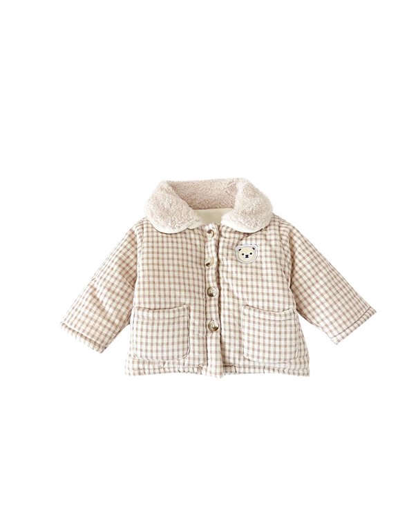 Plaid Cotton Jackets for Toddler Button Down Bear Embroidery Coat Casual Peter‑Pan Collar Long Sleeve Outerwear with Pockets Solid Loose Warm Outdoor Daily Wear Age 0‑3Y