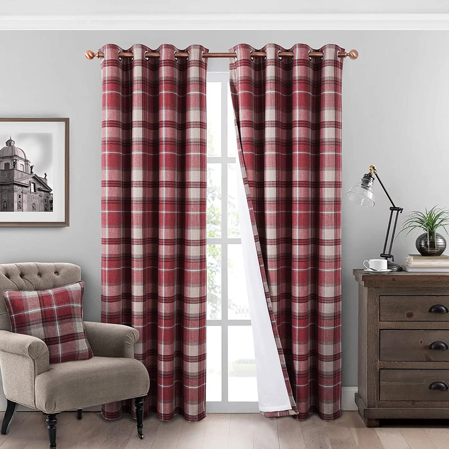 Plaid Curtains 100% Blackout Thermal Energy Saving Drapes for Bedroom Farmhouse Living Room Curtains Burgundy Red 42"W x 84"L (Pack of 2)