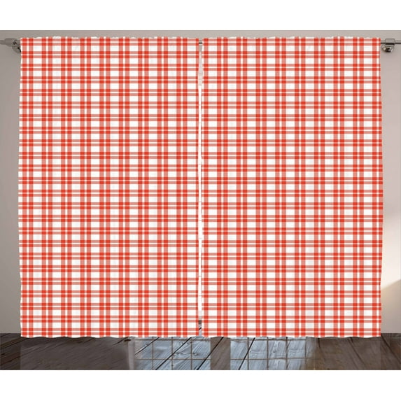 Ambesonne Plaid Curtains 2 Panel Set, Checkered Country Picnic, 108" x 96", Vermilion White