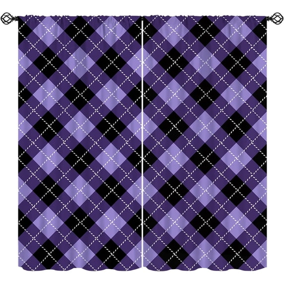 Plaid Curtains, Halloween Purple Black Buffalo Checked Pattern Window Treatments, Rod Pocket Thermal Insulated Drapes 2 Panel Sets for Bedroom Living Room, 42" W X 54" L