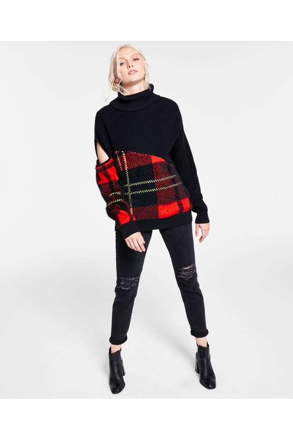 Plaid Cutout Turtleneck Sweater Plaid Re L