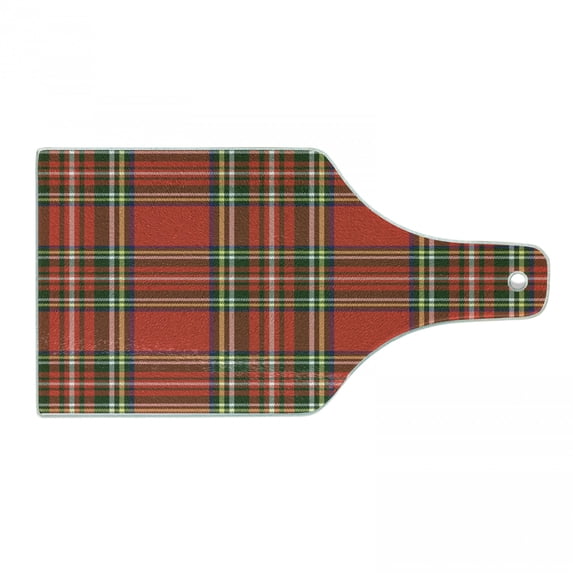 Plaid Cutting Board, European Western Culture Inspired Abstract Irish Pattern Vintage Classical Design, Tempered Glass Cutting and Serving Board, Wine Bottle Shape, Multicolor, by Ambesonne