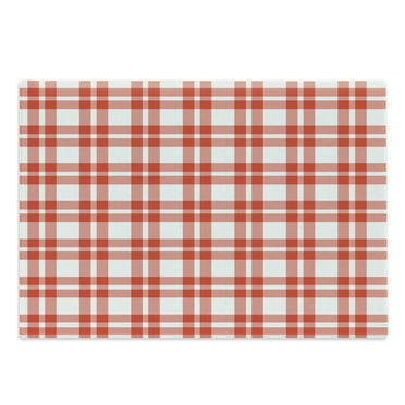 Plaid Cutting Board, Retro-Modern Style Checkered Pattern Squares and Stripes Abstract Old Fashioned, Decorative Tempered Glass Cutting and Serving Board, Large Size, Orange White, by Ambesonne