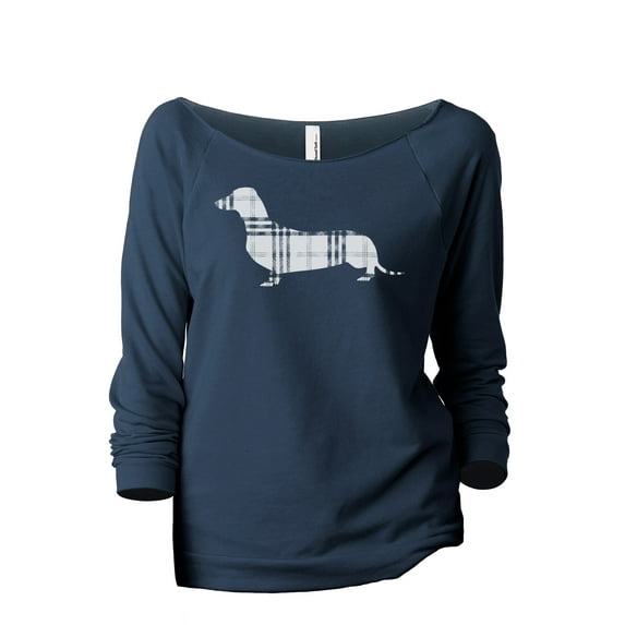 Plaid Dachshund Women's Fashion Slouchy 3/4 Sleeves Raglan Lightweight Sweatshirt Navy Large