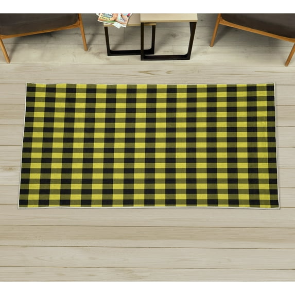 Plaid Decorative Rug, Lumberjack Fashion Buffalo Checks Pattern Retro Style Grid Composition, Quality Carpet for Bedroom Dorm and Living Room, 6 Sizes, Black and Yellow, by Ambesonne