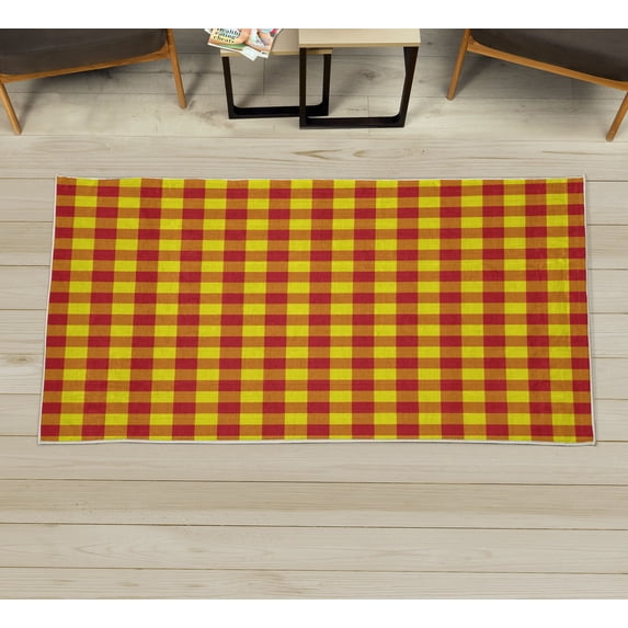 Plaid Decorative Rug, Lumberjack Fashion Buffalo Checks Pattern Retro Style Grid Composition, Quality Carpet for Bedroom Dorm and Living Room, 6 Sizes, Red and Yellow, by Ambesonne