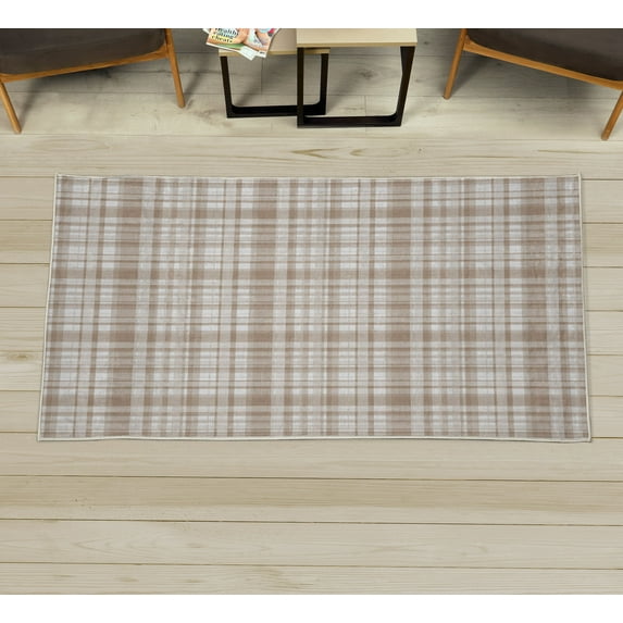 Plaid Decorative Rug, Modified Stripes Crossed Horizontal and Vertical Lines Forming Squares, Quality Carpet for Bedroom Dorm and Living Room, 6 Sizes, Beige White, by Ambesonne