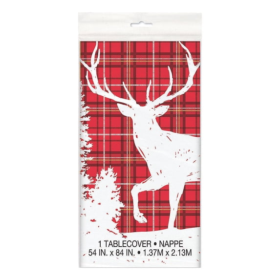 Plaid Deer Christmas Plastic Tablecloth, Party Supplies, Christmas, 1 Pieces
