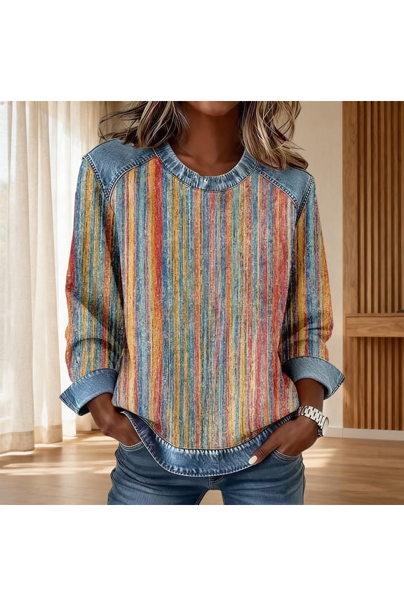 Plaid Denim Collared Sweatshirt Fashion Lapel Collar Lightweight Top Henley Neck Tops Women Jean Patchwork Denim Collar Cuffs Patchwork Denim Sweater Pullovers Loose Sweatshirt Collared Shirt