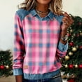 thumbnail image 1 of Plaid Denim Collared Sweatshirt Lapel Collar Denim Patchwork Lightweight Top Pullover Top Collared Top Denim Collar Cuffs Pullover Jean Shirts Henley Neck Tops Long Sleeve Tshirts Pink S, 1 of 5