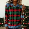 thumbnail image 1 of Plaid Denim Collared Sweatshirt Loose Sweatshirt Women Jean Patchwork Pullover Top Denim Collar Cuffs Retro Polo Sweatshirt Denim Patchwork Sweatshirts Long Sleeve Shirt Office Work Shirts Green L, 1 of 5