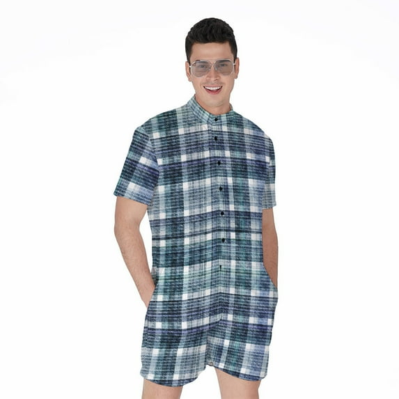 Plaid Denim Jeans Pattern Short Sleeve Men'S Rompers, Denim Pattern Design Casual Summer Jumpsuits Outfit