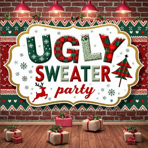 Plaid Design Christmas Banner Knitted Pattern Ugly Sweater Holiday Decor for Christmas Party Winter Celebration Seasonal Event