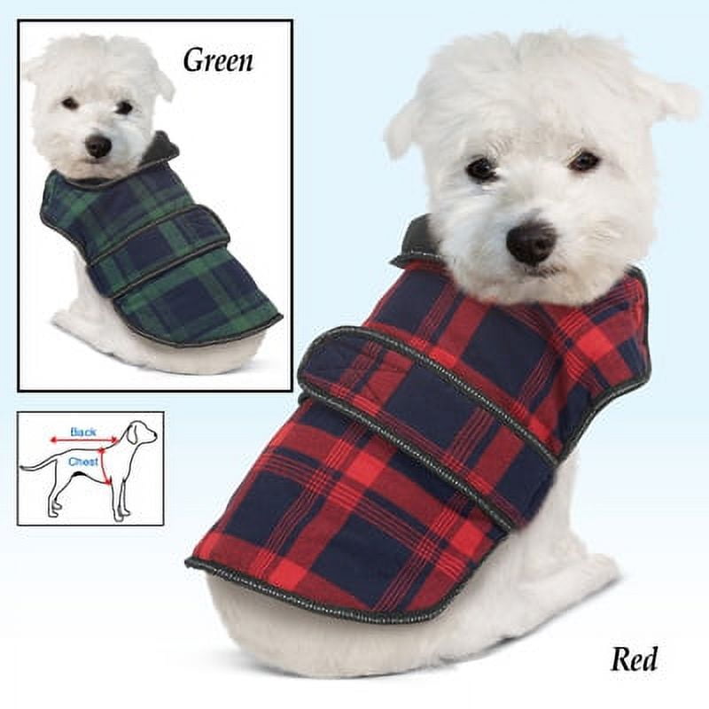 Plaid Dog Coat Jacket w/ Easy Touch Close Straps, Green, Medium