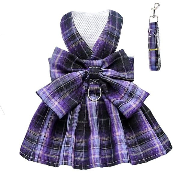 Plaid Dog Dress Bow Tie Harness Leash Set for Small Dogs Cats Cute Princess Dog Dresses Spring Summer Puppy Bunny Rabbit Clothes Chihuahua Pet Outfits