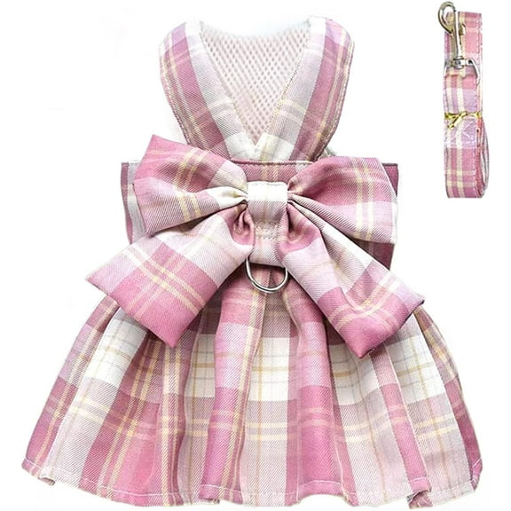 Plaid Dog Dress Bow Tie Harness Leash Set for Small Dogs Cats Cute Princess Dog Dresses Spring Summer Puppy Bunny Rabbit Clothes Chihuahua Pet Outfits