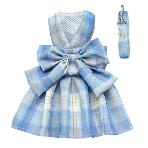 Plaid Dog Dress Bow Tie Harness Leash Set for Small Dogs Cats Girl Cute Princess Dog Dresses Spring Summer Puppy Bunny Rabbit Clothes Chihuahua Yorkies Pet Outfits