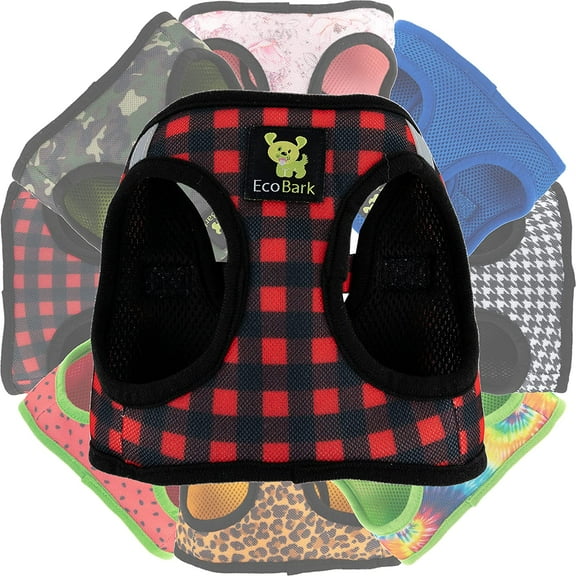Plaid Dog Harness Buffalo Check EcoBark Step-In Rapid Fastener Red Dog Vest Halter for Puppy and Small Dogs Reflective Comfort Adjustable Body Harness (Large, Buffalo Check)