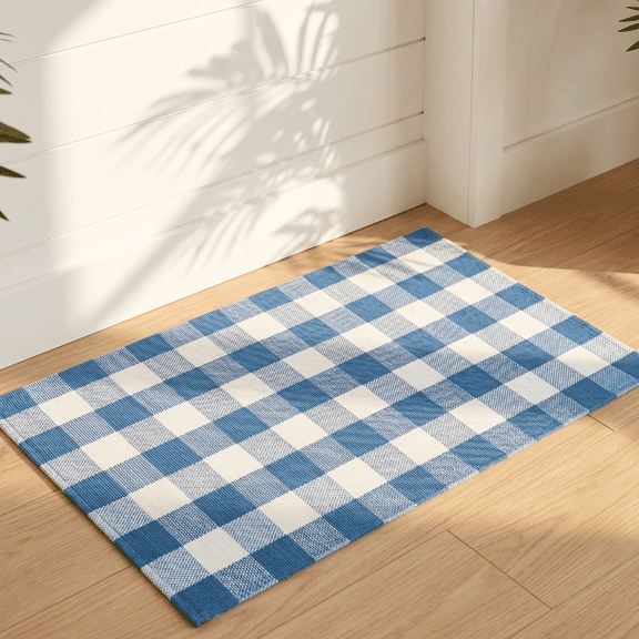 Plaid Doormat for Front Door - Handwoven Cotton Blend Entryway Mat Washable Layered Rug for Porch Home Decor Indoor Outdoor Use 40x60cm Spring Summer Doormat
