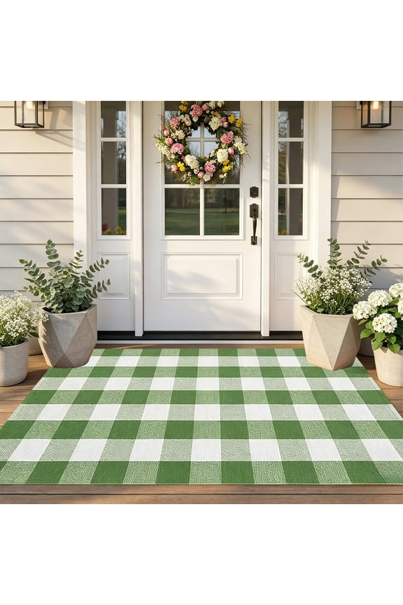 Plaid Doormat Spring Summer, Usupdd Hand-Woven Cotton Blend Entryway Rug 15.7x23.6 Inch, Washable Front Door Mat for Porch Patio Kitchen with Quick-Dry Design, Green