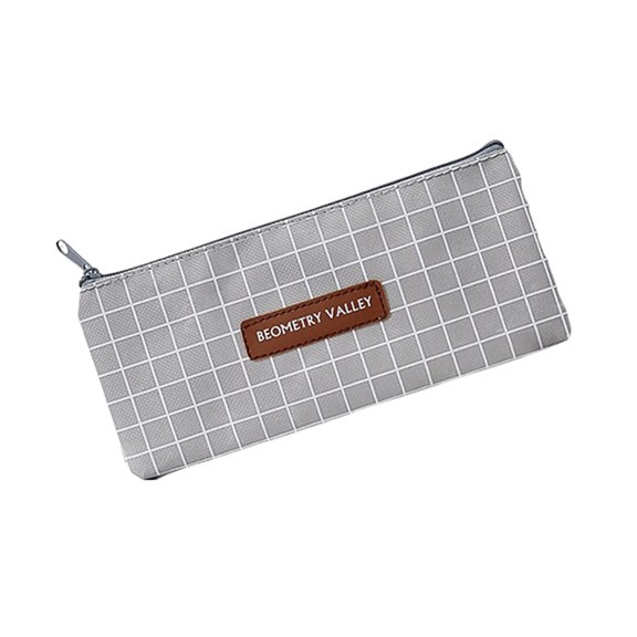 Plaid Dot Pattern Zipper Pen Bag Holder Pencil Case Stationery Storage Pouch Gray Canvas