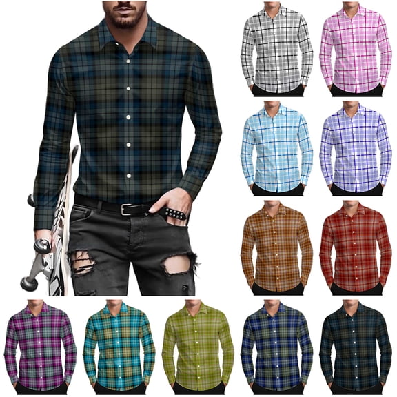 BiZtdJrK Plaid Dress Shirts for Men Casual Button Down Checkered Shirt Slim Fit Long Sleeve Tops Christmas Gifts, Dark Blue, L