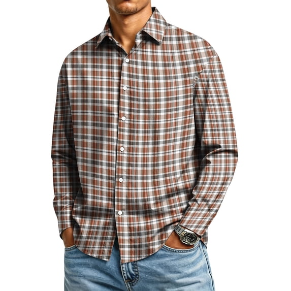 Plaid Dress Shirts for Men Long Sleeve Lapel Button Down Shirt Slim Fit Stretch Gingham Checkered Tops