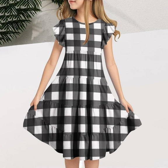 Plaid Dresses for Girls Size 6-15 Teens Kids Trendy Ruffle Sleeve Crewneck Pullover Loose Comfort Going Out Vacation Midi Dress