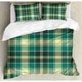 thumbnail image 1 of Plaid Duvet Cover Set, Horizontal and Vertical Stripes in Tartan Pattern Geometric Style Pattern, Decorative 3 Piece Bedding Set with 2 Pillow Shams, King Size, Yellow Jade Green Grey, by Ambesonne, 1 of 3