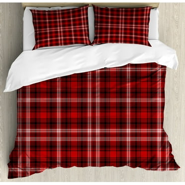 Plaid Duvet Cover Set Queen Size, Nostalgic Striped Pattern from British Country with Constrasting Colors, Decorative 3 Piece Bedding Set with 2 Pillow Shams, Scarlet Black White, by Ambesonne