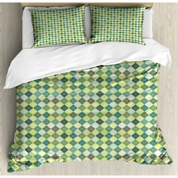 Plaid Duvet Cover Set Queen Size, Traditional Argyle Pattern in Pastel Green Tones Checkered Striped Classical Design, Decorative 3 Piece Bedding Set with 2 Pillow Shams, Multicolor, by Ambesonne