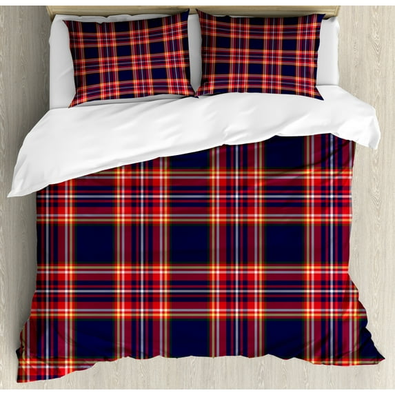 Plaid Duvet Cover Set Queen Size, Traditional Pattern from Scotland Vivid and Geometric Cultural Design Abstract Look, Decorative 3 Piece Bedding Set with 2 Pillow Shams, Multicolor, by Ambesonne