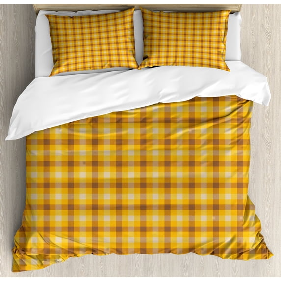 Plaid Duvet Cover Set, Repeating Traditional Geometric Stripes Crossed Illustration Print, Decorative 3 Piece Bedding Set with 2 Pillow Shams, Queen Size, Mustard Pale Cinnamon, by Ambesonne