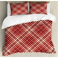 thumbnail image 1 of Plaid Duvet Cover Set, Tartan Checkered Pattern of Symmetric Parallel Stripes Geometric Retro Scottish, Decorative 3 Piece Bedding Set with 2 Pillow Shams, Queen Size, Ruby Peach Cream, by Ambesonne, 1 of 3